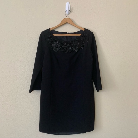 Carmen Marc Valvo Black Beaded 3/4 Sleeve Wool Cocktail Sheath Dress Size 10 - Picture 11 of 11